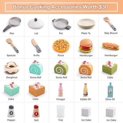 Bruvoalon Wooden Play Kitchen Toy Set for Kids, with Realistic Design, Sink with Faucet, Oven, Microwave, Utensils, Kitchenware Play Food Set Accessories, Birthday Gifts for Toddlers Boys Girls (Pink)