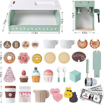Toyssa Wooden Coffee Maker Playset for Kids 3 4 5, Pretend Play Food Toys for Toddlers with Dessert & Menu, Wooden Toys Play Kitchen Accessories Christmas Birthday Gift for Kids Girls Boys 3 4 5 6