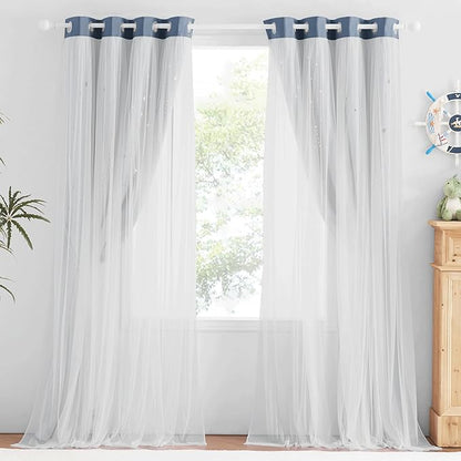 NICETOWN Nursery Curtains for Girls Bedroom Hollow-Out Star Window Curtain 84 inches Length Room Darkening Grommet 2 Layers for Nursery, (Stone Blue, W52 X L63, 2 Panels)
