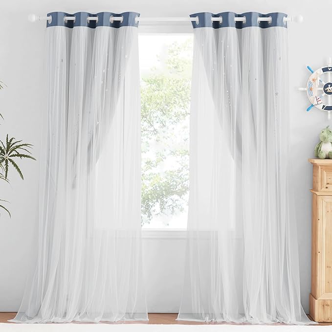 NICETOWN Nursery Curtains for Girls Bedroom Hollow-Out Star Window Curtain 84 inches Length Room Darkening Grommet 2 Layers for Nursery, (Stone Blue, W52 X L63, 2 Panels)