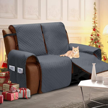 XINEAGE Water Resistant Recliner Cover, 2 seat Recliner Loveseat Covers with Pockets, Quilted Thick Recliner Protector Cover for Dog Pets with Non Slip Backing and Strap(Recliner Loveseat, Dark Gray)