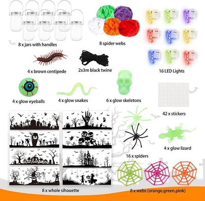Shemira Halloween Craft Kit for Kids, 8 pcs Glass Mason Jar with Accessories for DIY Lantern Jar, Halloween Art & Craft Party Supplies, Halloween Art Activities,Halloween Craft and Art Party Supplies
