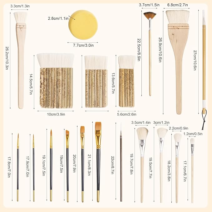 Set of 14 Wool Soft Pottery Glaze Brushes for Ceramic Glazing Acrylic Watercolor Oil Painting, Includes Sponge, Mop, Hake, Sumi, Fan, Fine Brush Bristle for Clay Kiln Blending Supplies