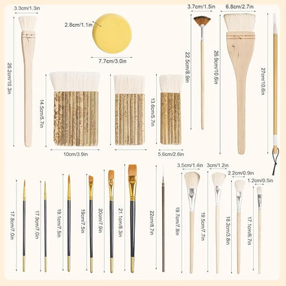 Set of 14 Wool Soft Pottery Glaze Brushes for Ceramic Glazing Acrylic Watercolor Oil Painting, Includes Sponge, Mop, Hake, Sumi, Fan, Fine Brush Bristle for Clay Kiln Blending Supplies