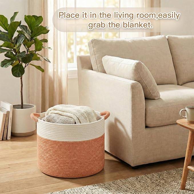 Artfeel 40L Large Cotton Rope Basket, Decorative Woven Blanket Storage for Living Room, Boho Toy Storage & Toy Box for Kids, Versatile Laundry Basket & Nursery Hamper for Blankets(Orange)