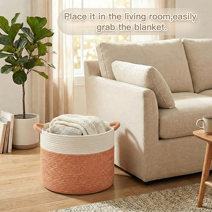 Artfeel 40L Large Cotton Rope Basket, Decorative Woven Blanket Storage for Living Room, Boho Toy Storage & Toy Box for Kids, Versatile Laundry Basket & Nursery Hamper for Blankets(Orange)
