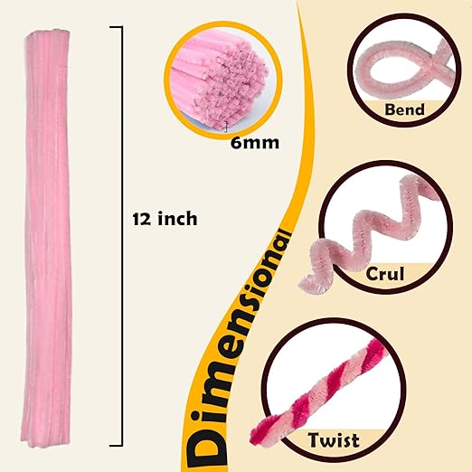 Pink Color Trio Pipe Cleaner Set - 300pcs, Thick Fluffy Chenille Stems for Arts & Crafts, Perfect for Making Animals, Flowers, and Festive Decorations(12 inches x 0.24 inches)