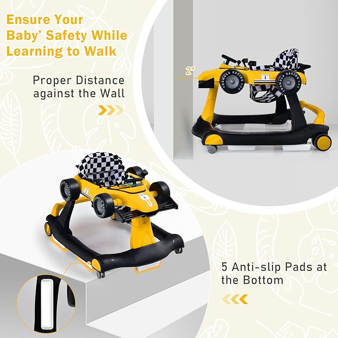 GLACER Foldable Baby Walker, 4-in-1 Infant Walker with Adjustable Height & Speed, Music, Light, Steering Wheel & Washable Cushion, Baby Walker Activity Center for Boys Girls 6 –18 Months (Yellow)