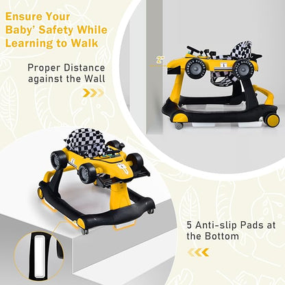 GLACER Foldable Baby Walker, 4-in-1 Infant Walker with Adjustable Height & Speed, Music, Light, Steering Wheel & Washable Cushion, Baby Walker Activity Center for Boys Girls 6 –18 Months (Yellow)