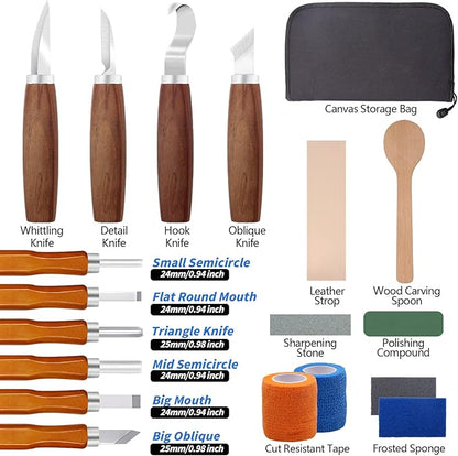 VIBRATITE Wood Carving Tools Kit, 19 PCS Wood Carving Knife Set with Spoon Blanks, Whittling Knife, Wood Whittling Kit for Beginners, Kids, Adults Woodworking DIY