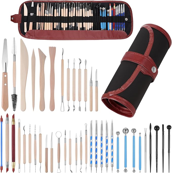 43 Pcs Pottery Tools for Sculpting Double Sided Ceramic Clay Carving Tool Set with Carrying Case Bag Polymer Clay Tools Kit for Trimming, Beginners, Pros, Adults, Supplies