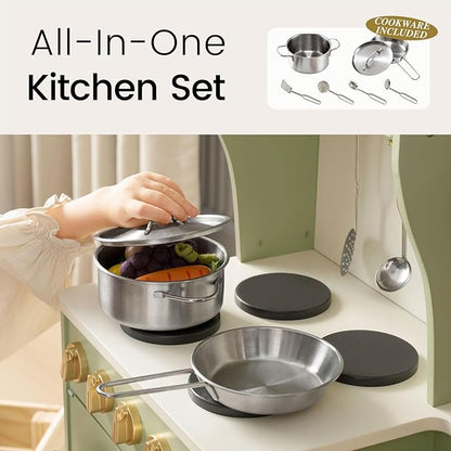 Tiny Land Play Kitchen for Kids, Wooden Play Kitchen with Toy Storage System, Toy Kitchen Set with Plenty of Play Features, Kids Play Kitchen Designed, Gift for Ages 3+ (Green)