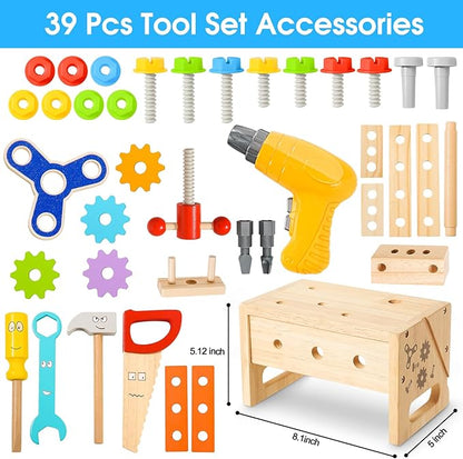 Kids Tool Set Toy with Drill, Wooden Toy for 2 3 4 5 Years Old Boy Girl, 37 Pcs Stem Montessori Toy for Learning Educational Construction Toy, Birthday Gift for Kids