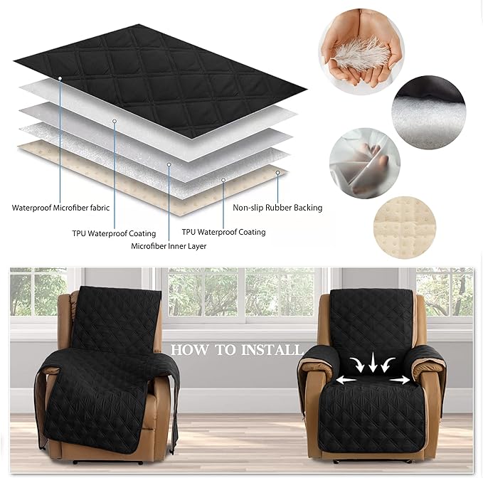 TOMORO Non-Slip Oversized Recliner Cover, 100% Waterproof Quilted Recliner Chair Slipcover Furniture Protector with Pockets, Washable Couch Cover with Elastic Straps for Kids and Pets