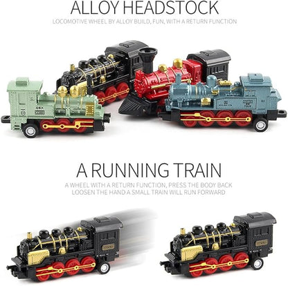 CORPER TOYS Mini Train Toy Die-Cast Pull Back Steam Train Model Set Assorted Styles for Kids Boys - 4 Packs (16 Pieces)