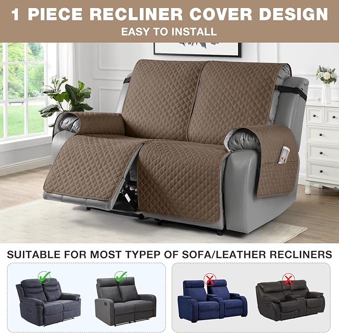 TAOCOCO Waterproof Recliner Loveseat Cover Non-Slip Sofa Slipcover, Pet Couch Cover for Loveseat Recliner with Straps, Washable Reclining Loveseat Cover Furniture Protector (2 Seater, Brown)
