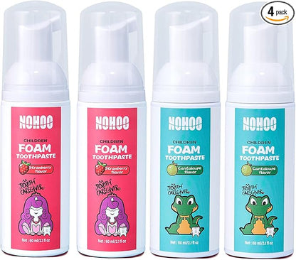 NOHOO Kids Foam Toothpaste with Fruit Flavor,Fluoride Free Natural Formul, Foam Toothpaste for Electric Toothbrush,Suitable for Toddler's Oral Cleaning and Cavity Prevention (2Strawberry+2Cantaloupe)