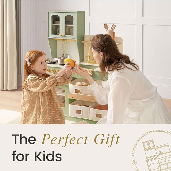 Tiny Land Play Kitchen for Kids, Wooden Play Kitchen with Toy Storage System, Toy Kitchen Set with Plenty of Play Features, Kids Play Kitchen Designed, Gift for Ages 3+ (Green)