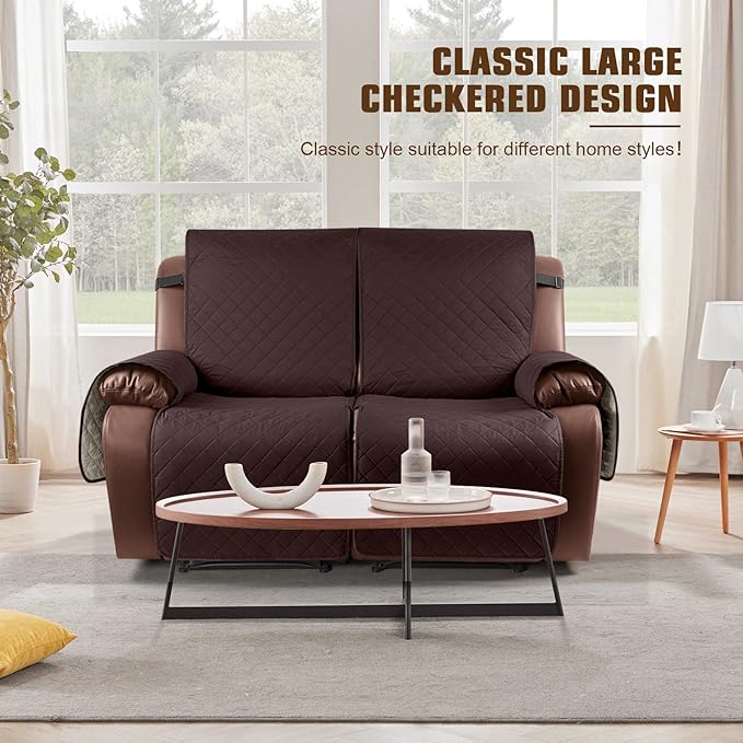 KinCam Waterproof Oversized Loveseat Recliner Cover, Non-Slip Reclining Couch Covers for 2 Seat, Recliner Sofa Cover Furniture Protector with Elastic Straps for Kids, Pets, Coffee
