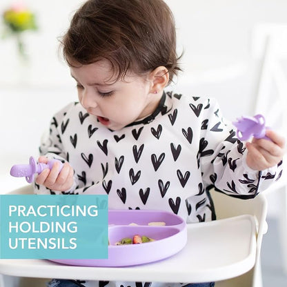 Bumkins Baby Utensils Set, Chewtensils Silicone Spoons for Dipping, Self-Feeding, Baby Led Weaning, Trainer Learning, First Stage Eating, Soft Practice Fork and Spoon, Babies 6 Months, Lavender