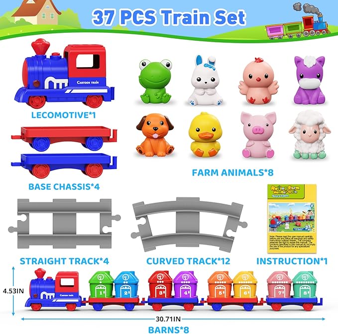 Train Set for Toddlers 2-4, Electric Toy Train with Farm Animals & Music & Lights, Montessori Counting & Sorting Learning Toys for 1 2 3 Year Old Boys Girls, Christmas Easter Birthday Gift