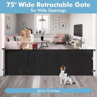 75 Inch Extra Wide Retractable Baby Gate for Wide Openings Child Gate Indoor Outdoor Retractable Gate Large Baby Gate Retractable Gates for Dogs Mesh Dog Gate for Stairs, Doorways, Porches, Black