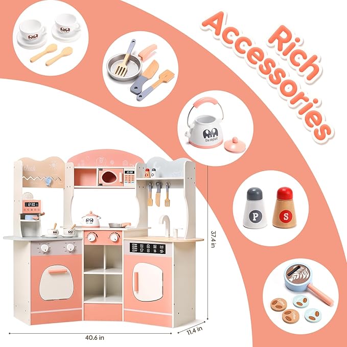 CUTE STONE Wooden Play Kitchen for Kids, Toddler Kitchen Playset with Coffee Machine, Cookware Accessories, Play Sink, Toy Kitchen Set for Boys Girls