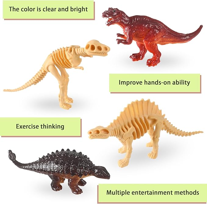 UPINS 24pcs Mini Dinosaur Figures and Dinosaur Fossil Skeletons,Plastic Dinosaurs Assorted Dino Bones with Storage Box Educational Gift for Science Play Sand Dig Party Favor Decorations
