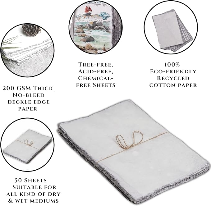 LEATHER VILLAGE Watercolor Paper - 8 X 6 inches, 50 Sheets - Mixed Media Watercolor Paper - 150 GSM Thick Deckle Edge Virgin Cotton Handmade Paper - Grey Toned