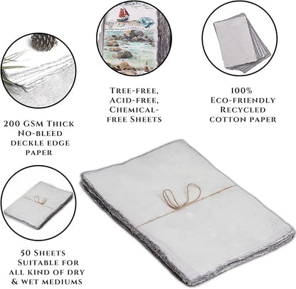 LEATHER VILLAGE Watercolor Paper - 7.5 X 11 inches, 50 Sheets - Mixed Media Watercolor Paper - 150 GSM Thick Deckle Edge Virgin Cotton Handmade Paper - Grey Toned