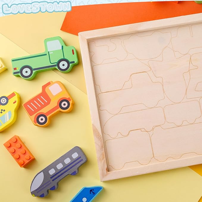 LovesTown 12PCS Stacking Puzzles, Wooden Chunky Jigsaw Puzzles Vehicle Educational Toy for Birthday