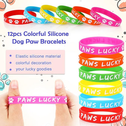 85 Pieces Dog Paw Party Favors Set Dog Paw Print Party Supplies with Paw Print Silicone Bracelet Stamper Sticker Keychain Pendant Chain Organza Bag and Thank You Tag for Girl Kid Boy Party Birthday