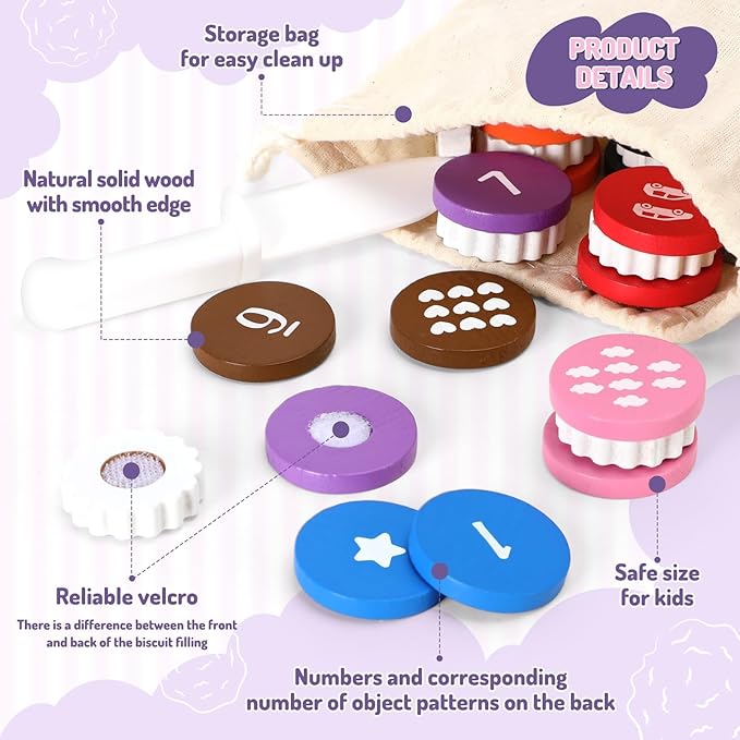 Upltowtme Wooden Cookie Play Food Set for Kids Number Counting and Matching Game Pretend Play Slice Biscuit Play Kitchen Accessories Age 3+ Montessori Learning Toy Food Game Birthday Gifts