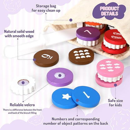 Upltowtme Wooden Cookie Play Food Set for Kids Number Counting and Matching Game Pretend Play Slice Biscuit Play Kitchen Accessories Age 3+ Montessori Learning Toy Food Game Birthday Gifts