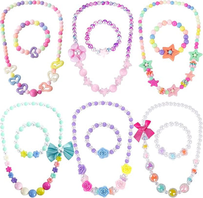 BigOtters Little Girls Necklace Bracelet, 6 Sets Lovely Colorful Beads Jewelry Princess Dress up for Toddlers Pretend Play Party Costume，Easter Eggs Stuffers Kids Easter Gift