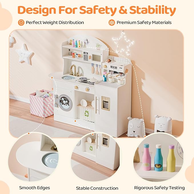 JOYMOR Kids Play Kitchen Sets w/Coffee Machine & Plenty of Play Kitchen Accessories, Wooden Kitchen Set Gift, Ideal for Creative Pretend Play for Toddlers, Girls & Boys (Cream&Gold)