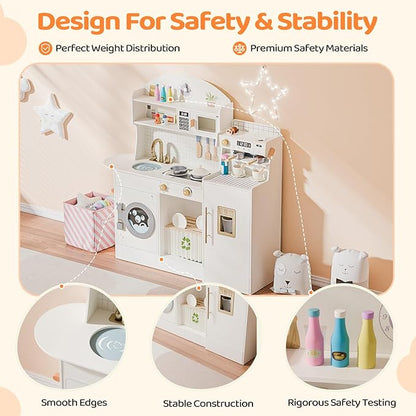 JOYMOR Kids Play Kitchen Sets w/Coffee Machine & Plenty of Play Kitchen Accessories, Wooden Kitchen Set Gift, Ideal for Creative Pretend Play for Toddlers, Girls & Boys (Cream&Gold)