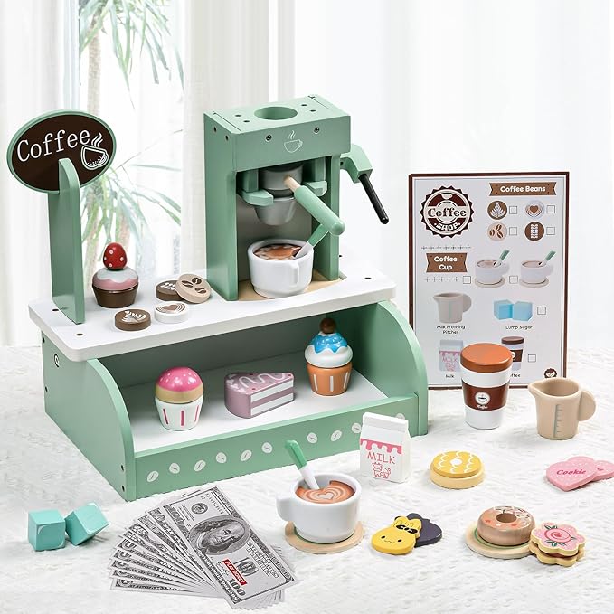 Toyssa Wooden Coffee Maker Playset for Kids 3 4 5, Pretend Play Food Toys for Toddlers with Dessert & Menu, Wooden Toys Play Kitchen Accessories Christmas Birthday Gift for Kids Girls Boys 3 4 5 6