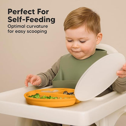 KeaBabies Suction Plates with Lids for Baby - 3-Pack 100% Silicone Suction Plates for Baby, Kids,Toddler Plates,Divided Baby Plates with Suction,Lids, BPA-Free, Microwave, Dishwasher Safe (Harvest)