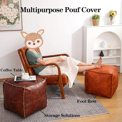 Louis Donné 18 inch Unstuffed Pouf Ottoman Faux Leather Pouffe Floor Chair Waterproof Foot Rest for Living Rooms Bedrooms & Kids Room or House Warming & Wedding Gifts (Brown Coffee, Square)Only Cover