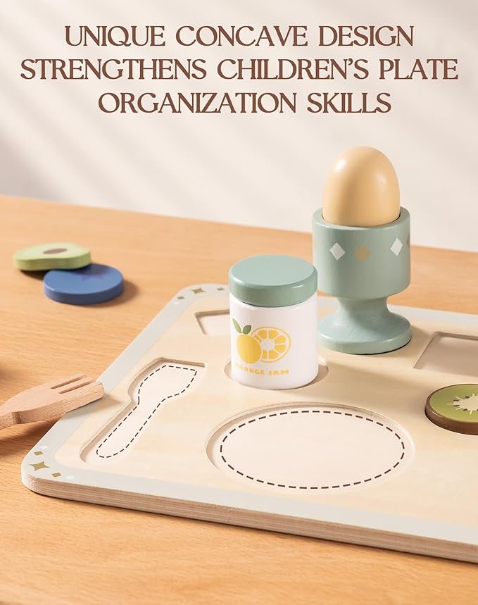 ROBUD 31-Piece Wooden Play Food Set for Kids - Coconut Oats Montessori Kitchen Toys, Educational Pretend Play Dishes with Accessories for Toddlers