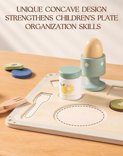 ROBUD 31-Piece Wooden Play Food Set for Kids - Coconut Oats Montessori Kitchen Toys, Educational Pretend Play Dishes with Accessories for Toddlers