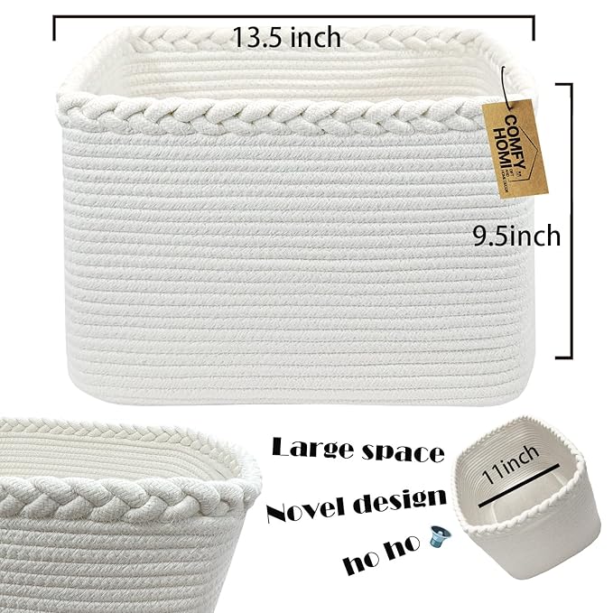 COMFY-HOMI Square Woven Cotton Rope Basket for Organizing, Gift Baskets for Handles, Empty Gift Baskets, Toy Basket for bins|13.5" x 11" x 9.5" home decor for Living Room, Bathroom