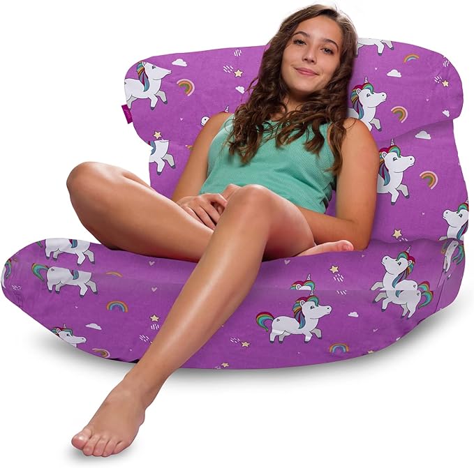 Posh Creations Bean Bag Chair Lounger Structured Seat for Kids, Teens and Adults, Comfy Chair for Gaming, Reading and Watching TV, Laguna Lounger, Canvas - Unicorn and Rainbows on Purple