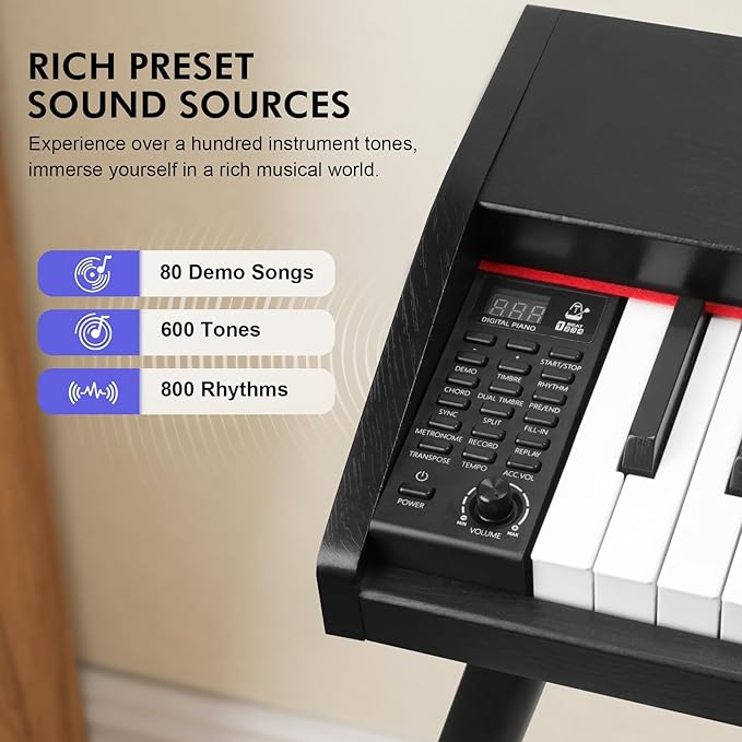 UISCOM Digital Piano Keyboard for Beginners,Full Size 88 Key Semi-Weighted Keyboard Electric Piano with Stand,Power Adapter,Sheet Music Stand,Pedal,Headphone,USB-MIDI Compatibility,Wood Black