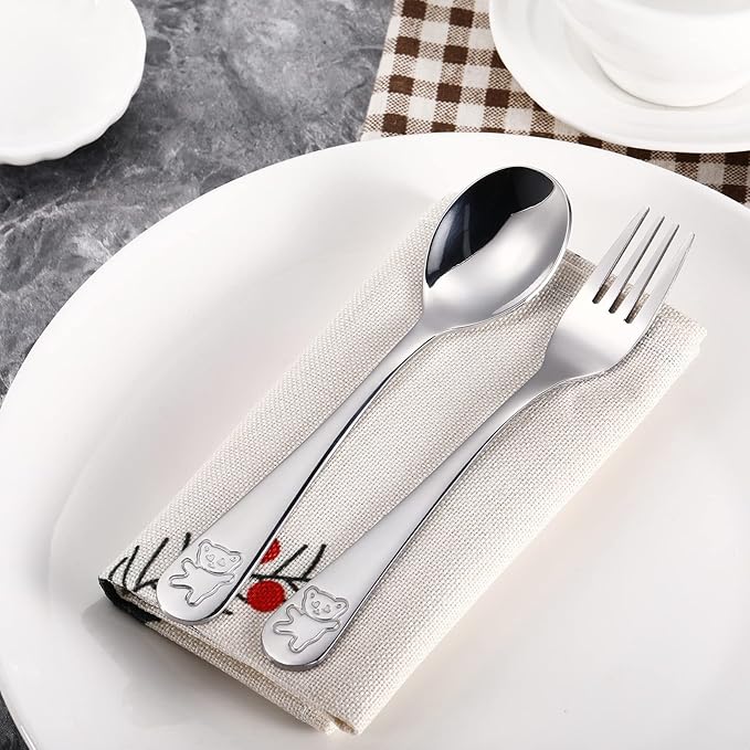 24 Pieces Stainless Steel Kids Silverware Bulk Toddler Metal Utensils Silverware Children's Safe Flatware 12 Set Preschool Toddler Kids Forks and Spoons(Silver)