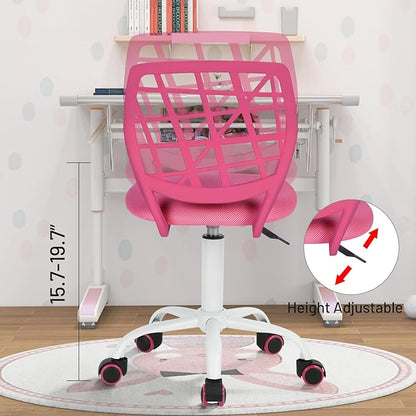 FurnitureR Kids Desk Chair, Armless Small Office Chair Adjsutable Swivel Task Chair with Soft Cushion for Study Kids Teens Child, Pink