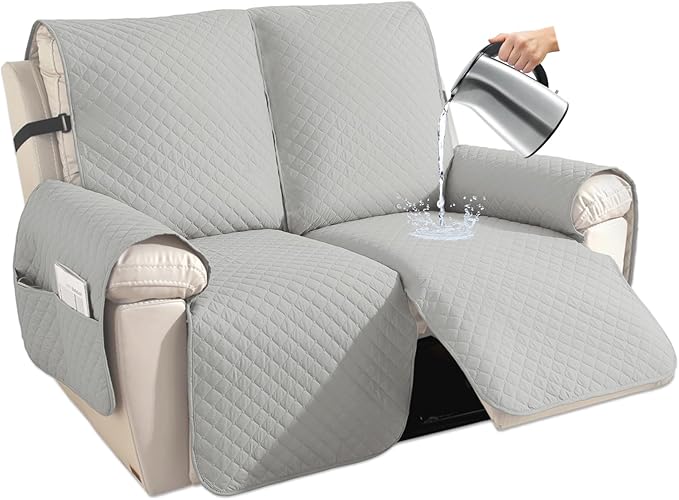 XINEAGE Water Resistant Recliner Cover, 2 seat Recliner Loveseat Covers with Pockets, Quilted Thick Recliner Protector Cover for Dog Pets with Non Slip Backing and Strap(Recliner Loveseat,Light Gray)