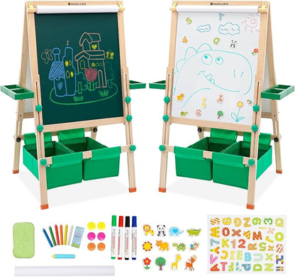 Extra Large Wooden Easel with Paper Roll, Art Easel for Kids White Board & Chalkboard 2 Sided, Height Adjustable, Foldable Drawing Board Includ Rich Painting Accessories, L: 25.5, W: 20.9, H: 43.3inch