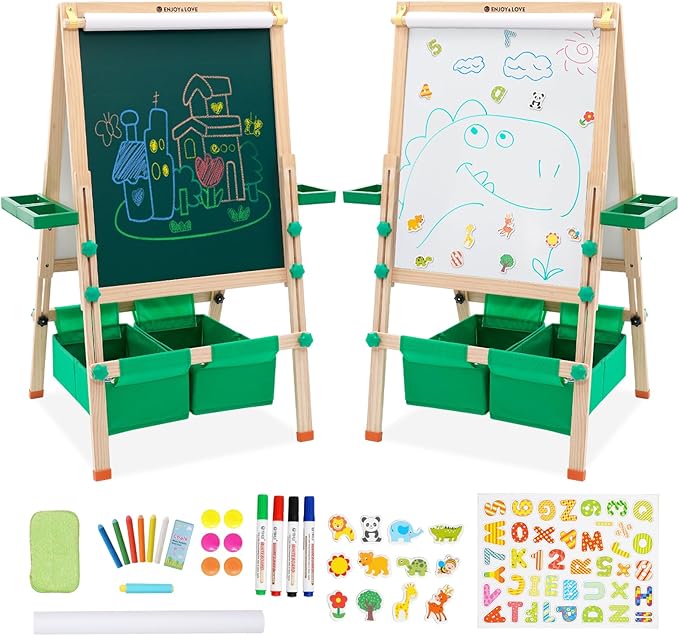 Extra Large Wooden Easel with Paper Roll, Art Easel for Kids White Board & Chalkboard 2 Sided, Height Adjustable, Foldable Drawing Board Includ Rich Painting Accessories, L: 25.5, W: 20.9, H: 43.3inch